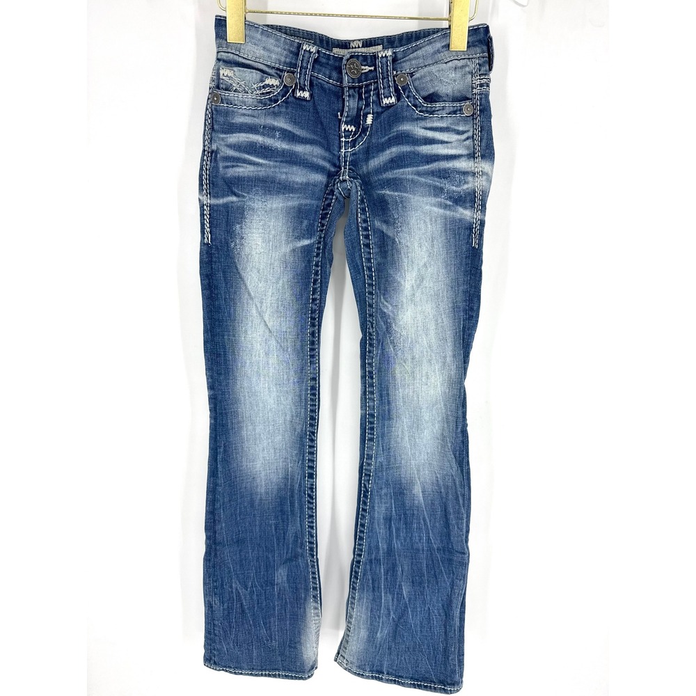 Big Star Sweet Flare Jeans Womens 24L Medium Wash Thick Stitch Rhinestone Denim